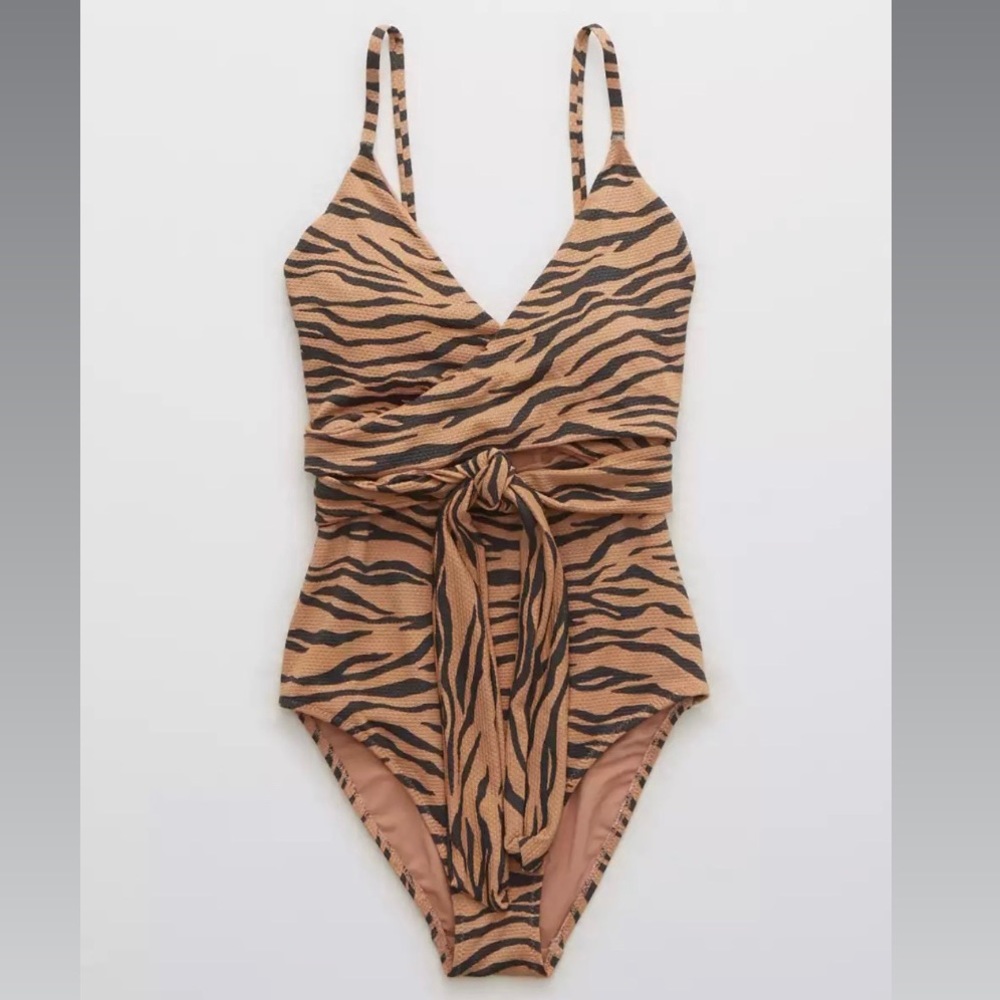 Like-New Aerie Wrap One-Piece Cutout Swimsuit | Animal Print | Sz M LONG